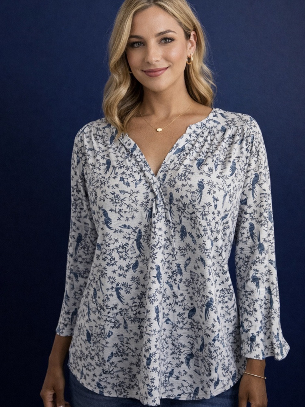 H&M Women's Large Blue Bird Birdcage 3/4 Sleeve Shirt Cotton